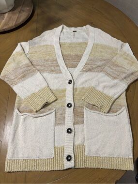 Free People Cream, Tan & Yellow Striped V-Neck Button Cardigan